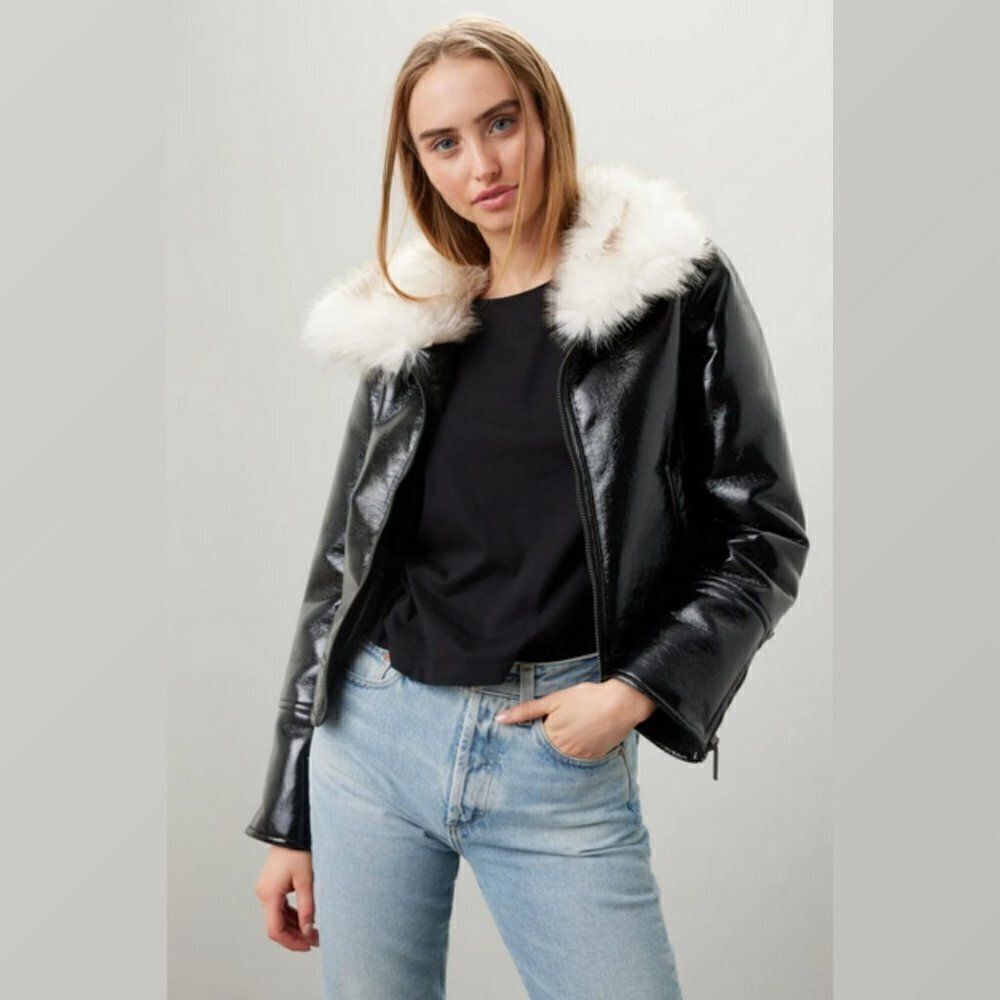 UNREAL FUR Aviator Bomber Jacket Vegan Faux Leather Fur Collar Wet Look Coat XL